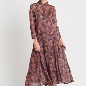 IRO Maddie Pink/Brown Floral Print 3/4 Sleeve Midi Shift Dress Size 38 US 6